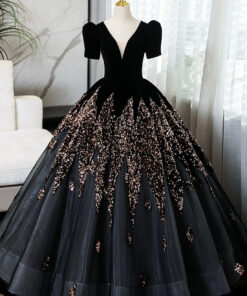 Elegant V-Neck Velvet and Sequins Floor Length Prom Dress, Black Short Sleeve Formal Dress