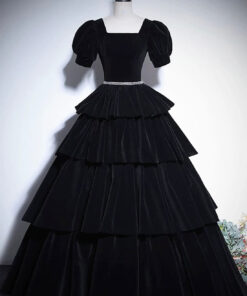 Black Velvet Floor Length Prom Dress, Elegant Short Sleeve Evening Party Dress