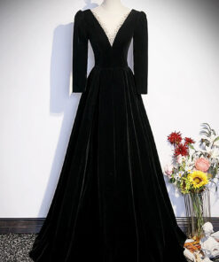 Black Velvet Long Sleeve Evening Dress, A-Line Floor Length Prom Party Dress